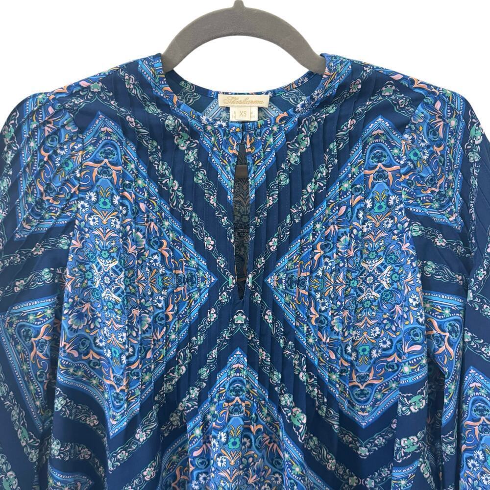 Shoshanna Lara Crepe de Chine Top in "Atlantic Tile Print" Blue Boho Size XS - Picture 5 of 11
